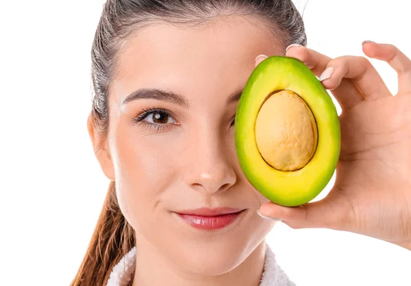 Beautiful Young Woman Avocado White Background Closeup — Stock Photo, Image