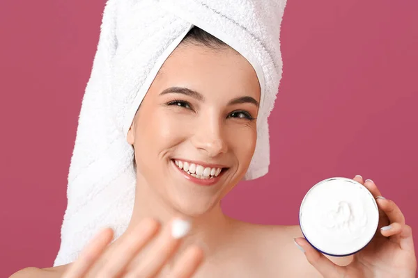 Beautiful Young Woman Facial Cream Color Background Closeup — Stock Photo, Image