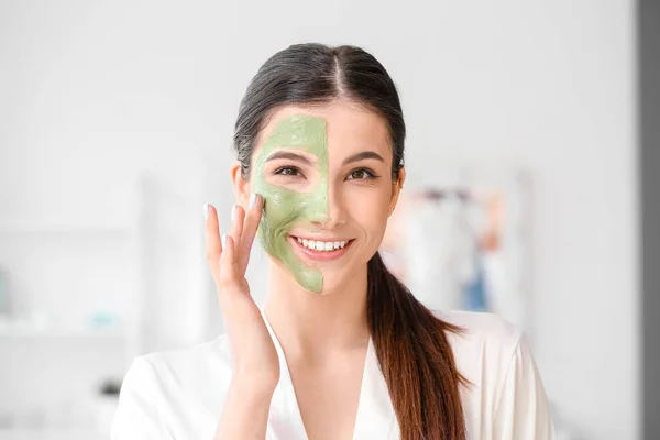 Beautiful Young Woman Applying Facial Mask Bathroom Closeup — Stock Photo, Image