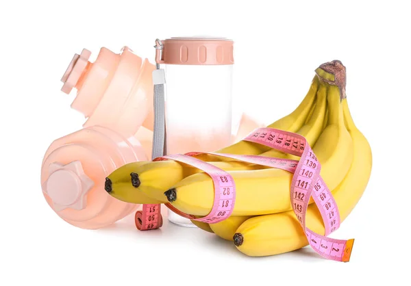 Ripe Bananas Measuring Tape Bottle Water Dumbbells White Background Weight — Stock Photo, Image