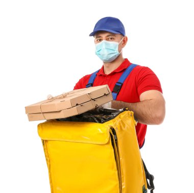 Beyaz arka planda yemek dağıtım servisi kuryesi