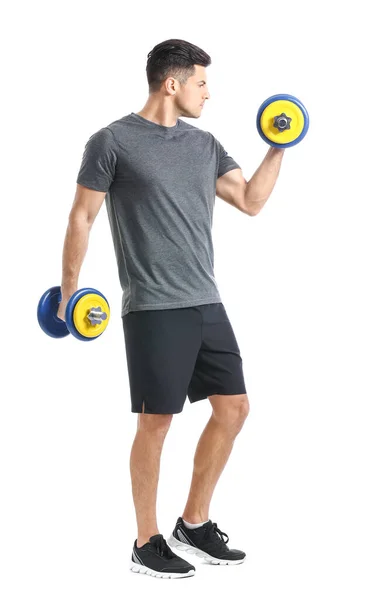 Sporty Young Man Training Dumbbells White Background — Stock Photo, Image