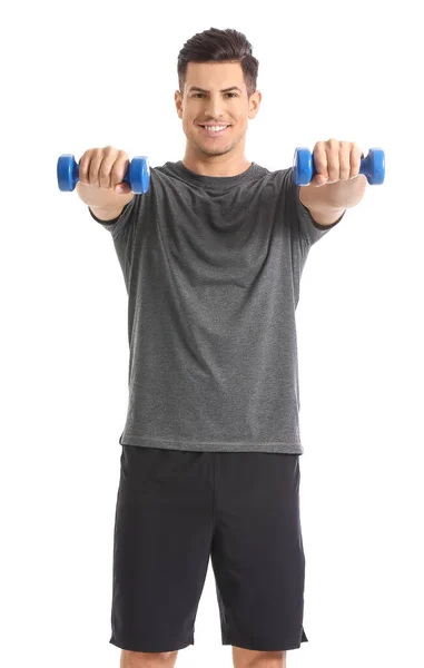 Sporty Young Man Training Dumbbells White Background — Stock Photo, Image