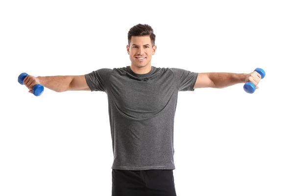 Sporty Young Man Training Dumbbells White Background — Stock Photo, Image