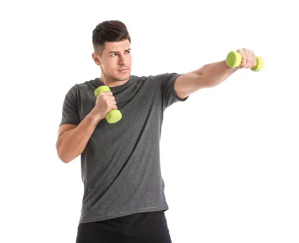 Sporty Young Man Training Dumbbells White Background — Stock Photo, Image