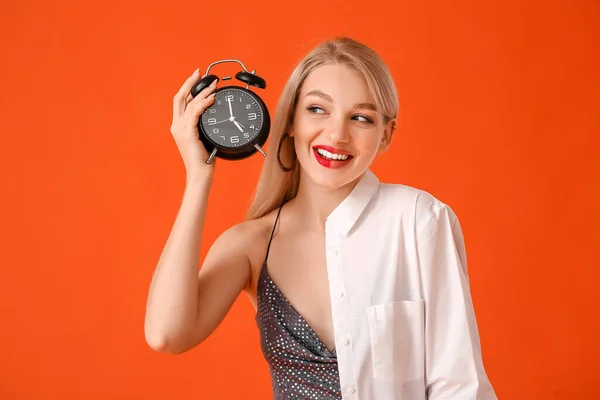 Young Woman Dress Shirt Office Worker Holding Alarm Clock Color — Stock Photo, Image