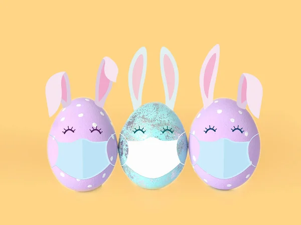 Cute Easter Eggs Protective Masks Color Background Concept Coronavirus Epidemic — Stock Photo, Image