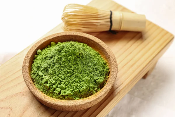 Bowl Powdered Matcha Tea Chasen Light Background Closeup — Stock Photo, Image