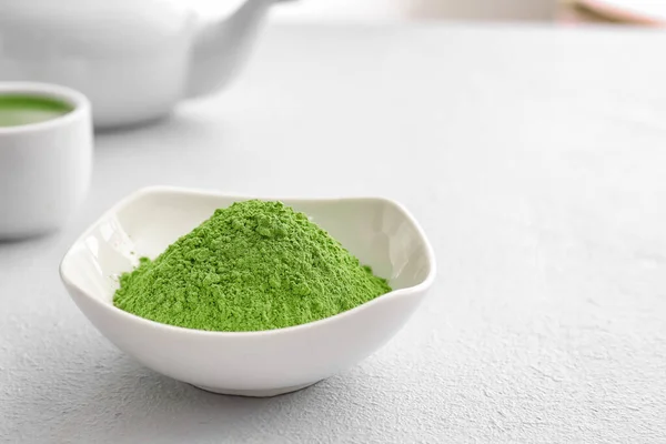 Bowl Powdered Matcha Tea Light Background Closeup — Stock Photo, Image