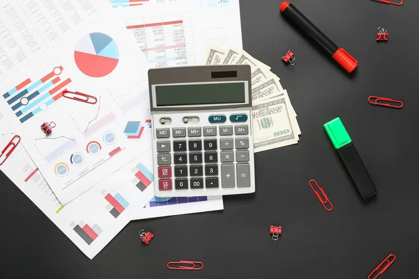 Modern Calculator Documents Money Dark Background — Stock Photo, Image