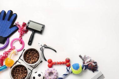 Beyaz arka planda farklı hayvan bakım aksesuarları