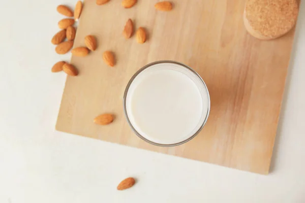 Glass Tasty Almond Milk Light Background — Stock Photo, Image