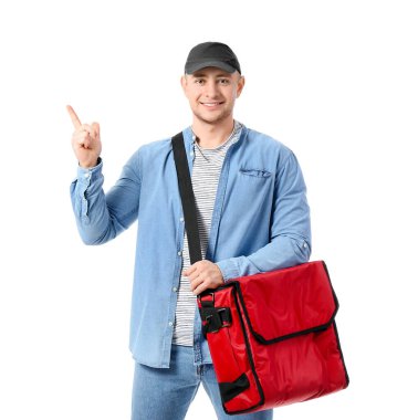 Yemek dağıtım servisi beyaz arka plandaki bir şeyi işaret ediyor.