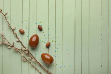 Chocolate Easter eggs and pussy willow on color wooden background