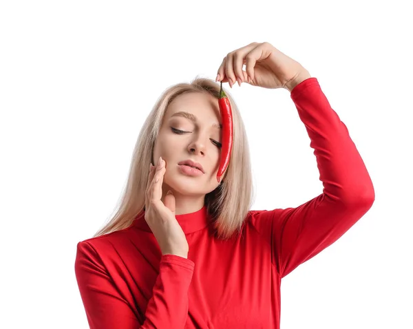 Beautiful Young Woman Chili Pepper White Background — Stock Photo, Image