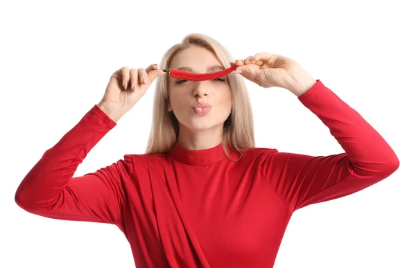 Beautiful Young Woman Chili Pepper White Background — Stock Photo, Image