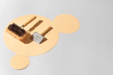 Açık arkaplanda evcil hayvan için farklı tımar fırçaları