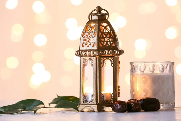 Muslim Lamp Glass Milk Dates Light Background Blurred Lights — Stock Photo, Image