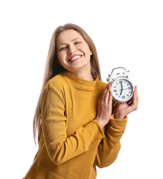 Young Woman Clock White Background — Stock Photo, Image