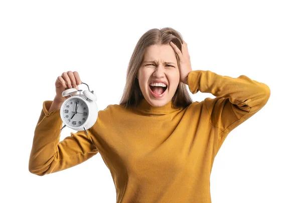 Stressed Young Woman Clock White Background — Stock Photo, Image