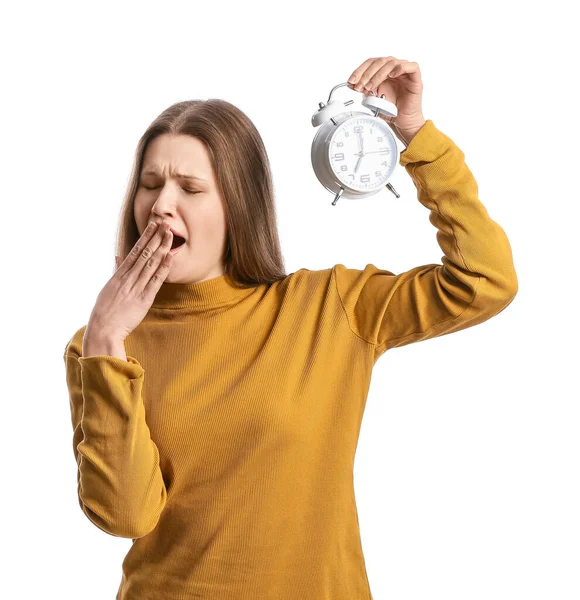 Tired Young Woman Clock White Background — Stock Photo, Image