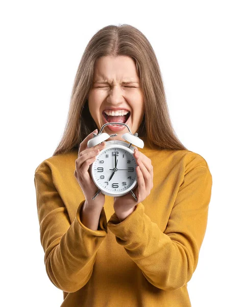 Stressed Young Woman Clock White Background — Stock Photo, Image