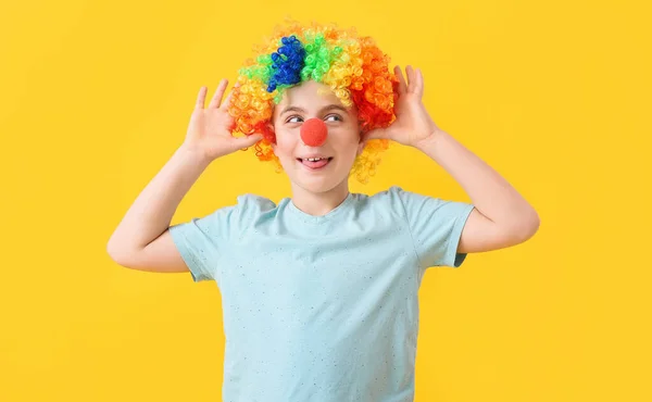 Little Boy Funny Disguise Color Background April Fools Day Celebration — Stock Photo, Image