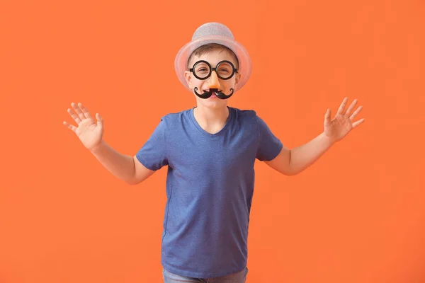 Little Boy Funny Disguise Color Background April Fools Day Celebration — Stock Photo, Image