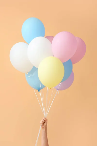 Human Hand Air Balloons Color Background — Stock Photo, Image