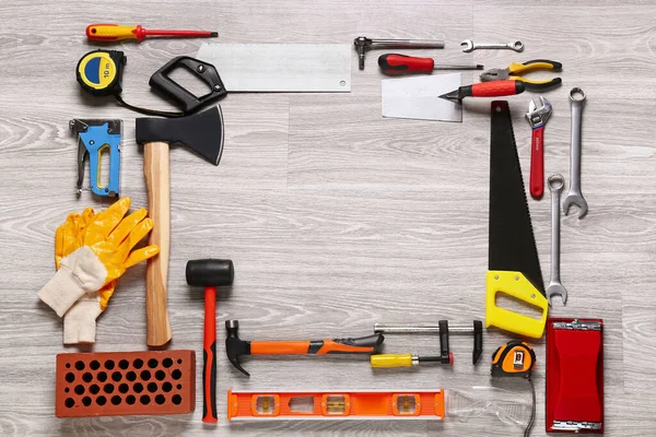 Frame Made Construction Tools Light Wooden Background — Stock Photo, Image