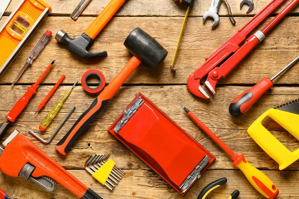 Set Construction Tools Wooden Background — Stock Photo, Image