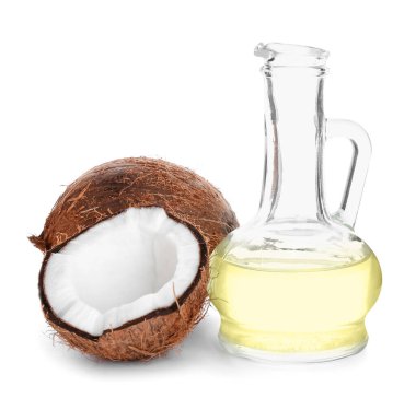 Beyaz arkaplanda hindistan cevizi yağı dekanı