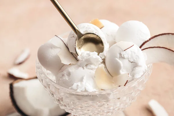 Bowl Tasty Coconut Ice Cream Color Background — Stock Photo, Image