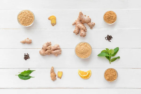Composition Ginger Powder Light Wooden Background — Stock Photo, Image