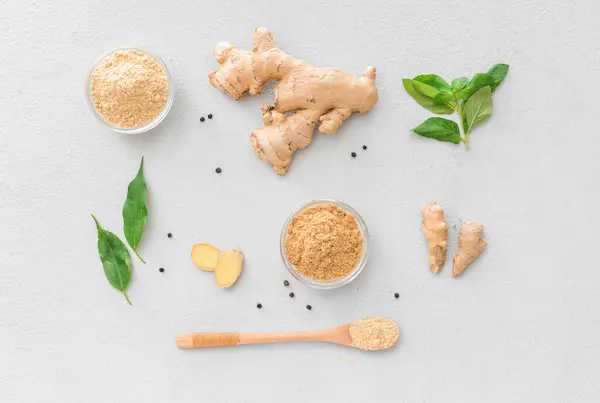 Composition Ginger Powder Light Background — Stock Photo, Image