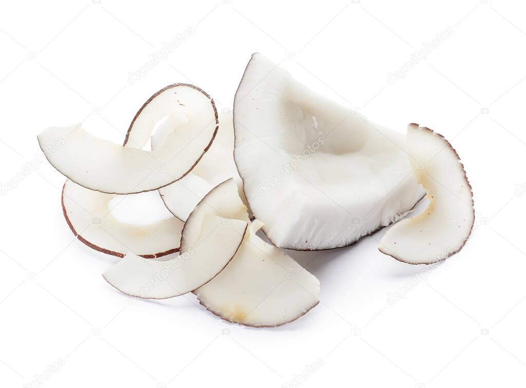 Tasty coconut chips on white background