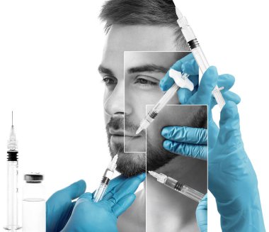 Beyaz arka planda doldurulmuş iğneler alan genç adam kolajı 