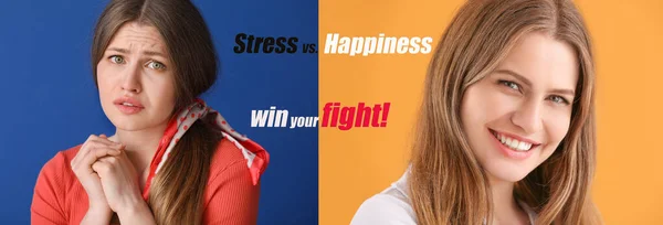 Comparison portrait of sad and happy young woman on color background
