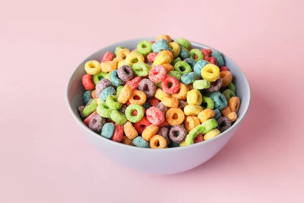 Bowl Tasty Cereal Rings Color Background — Stock Photo, Image