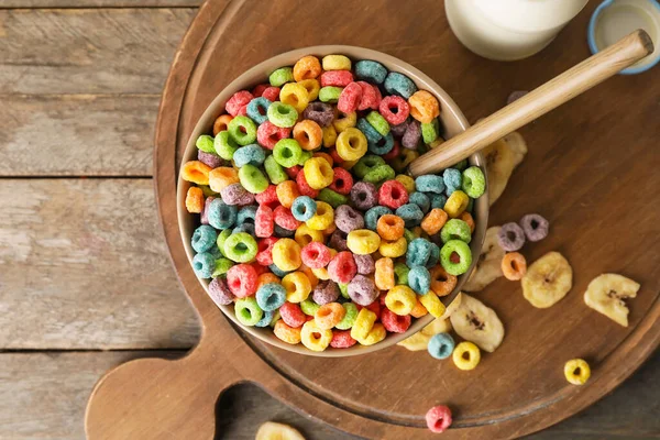 Bowl Tasty Cereal Rings Wooden Background — Stock Photo, Image