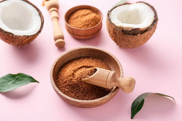 Sweet Coconut Bowls Sugar Color Background — 스톡 사진