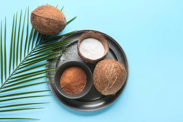 Sweet Coconuts Bowl Sugar Color Background — 스톡 사진