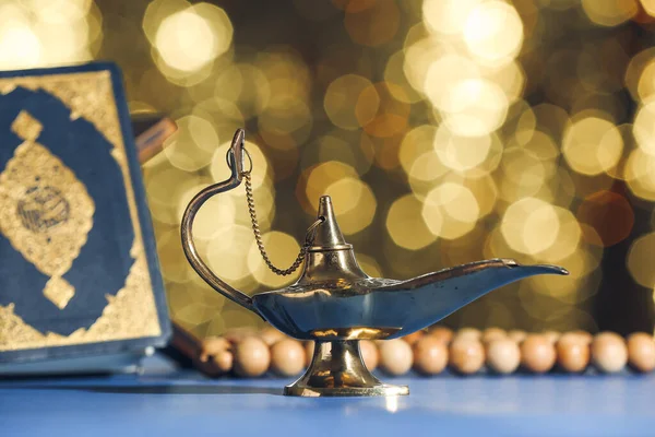 Aladdin Lamp Wishes Table Blurred Lights — Stock Fotó