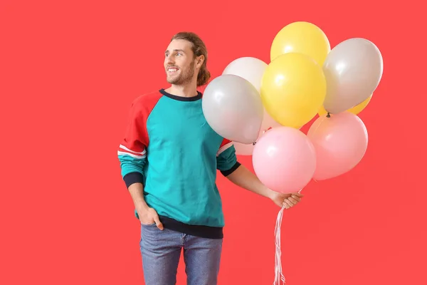 Handsome Young Man Balloons Color Background — Stock Photo, Image