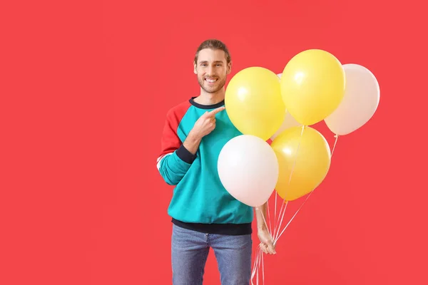 Handsome Young Man Balloons Color Background — Stock Photo, Image