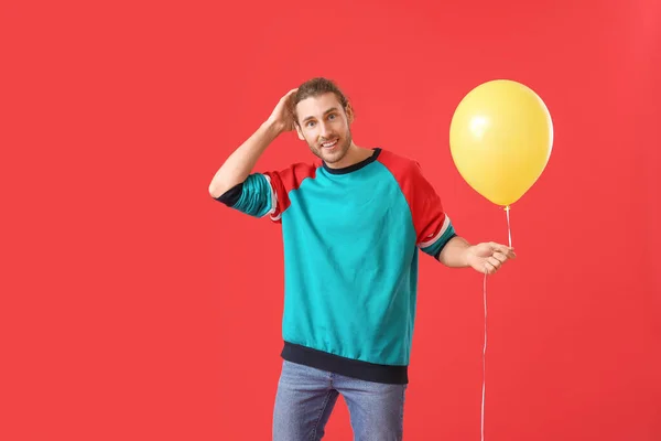 Handsome Young Man Balloon Color Background — Stock Photo, Image
