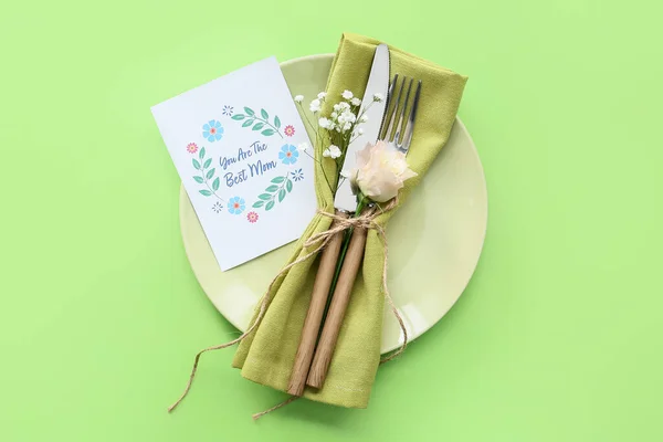 Beautiful Table Setting Mother Day Color Background — Stock Photo, Image
