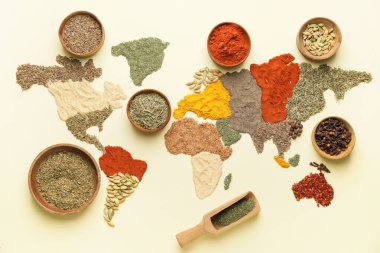 Işık arkaplanındaki baharatlardan oluşan dünya haritası