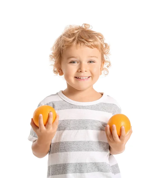 Cute Little Boy Oranges White Background — Stock Photo, Image