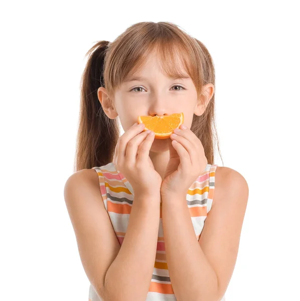 Funny Little Girl Piece Orange White Background — Stock Photo, Image